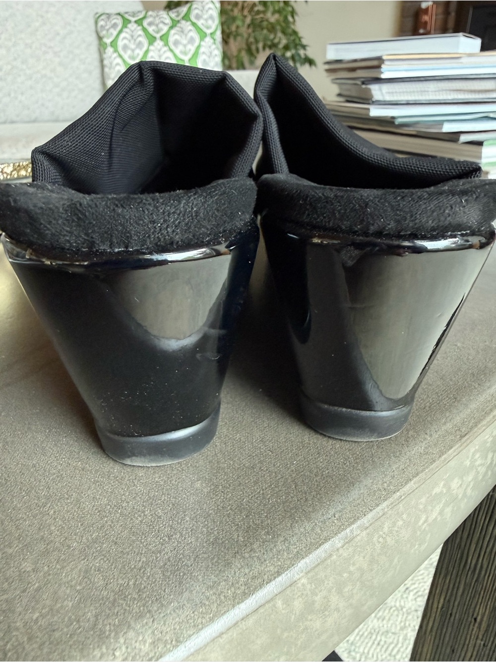Alfani Black Stretch Patent Wedge Mules